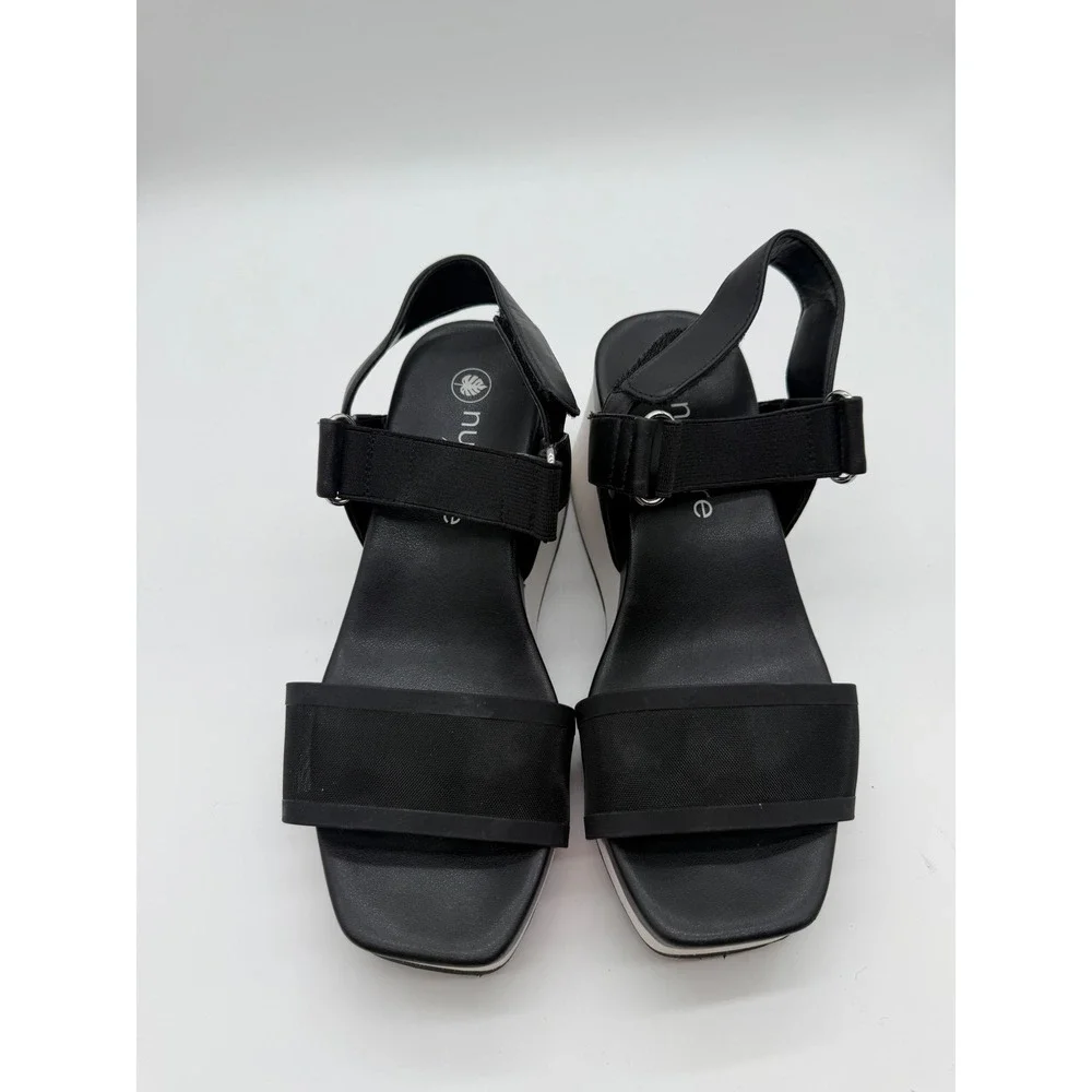 Nurture Profoam Black White Platform Wedge Sandals Square Toe Mesh‎ Strap 7.5M